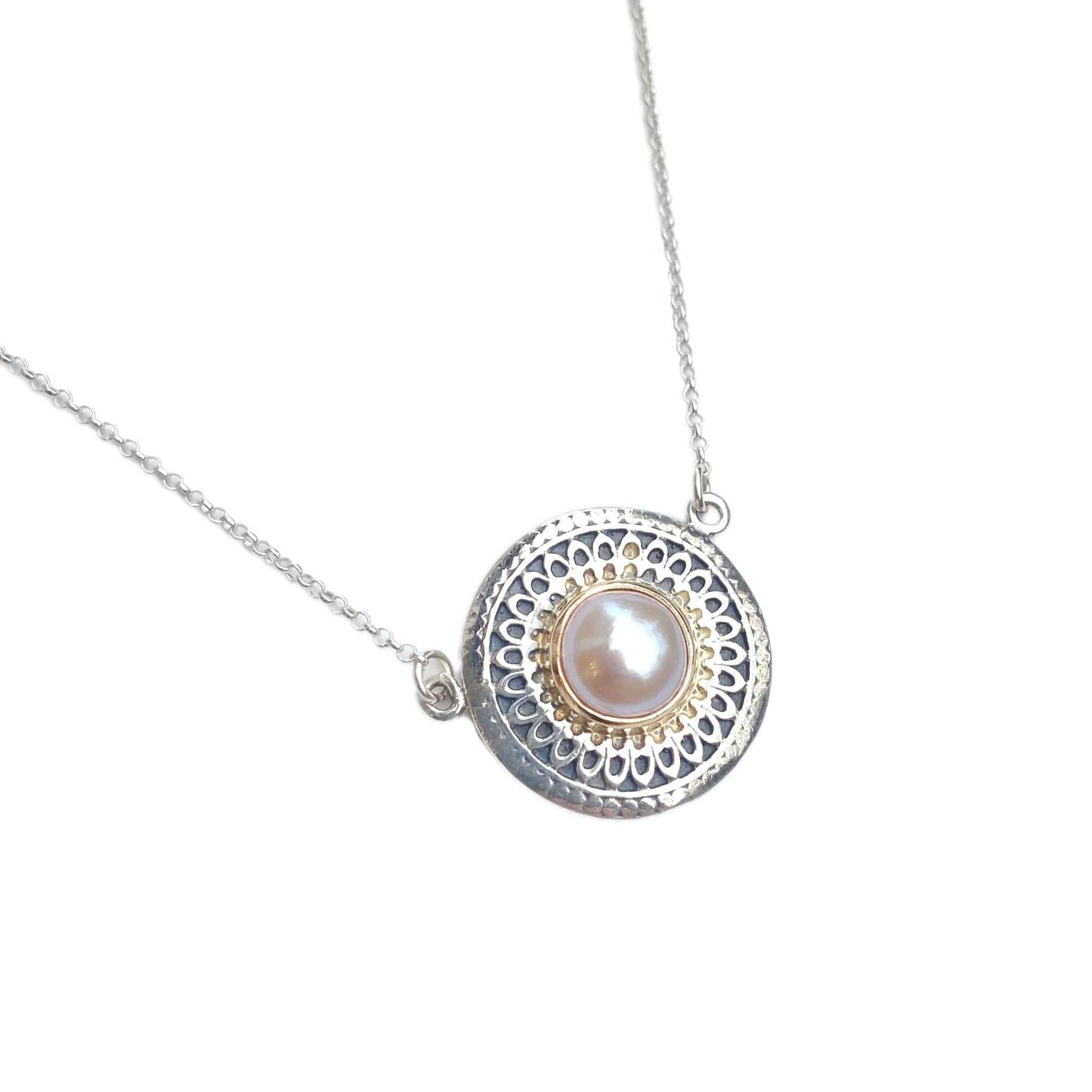 Marrakesh Perla Pendant necklace with pearl, inspired by Moroccan patterns, handcrafted in sterling silver by Nina Alexandra Jewellery