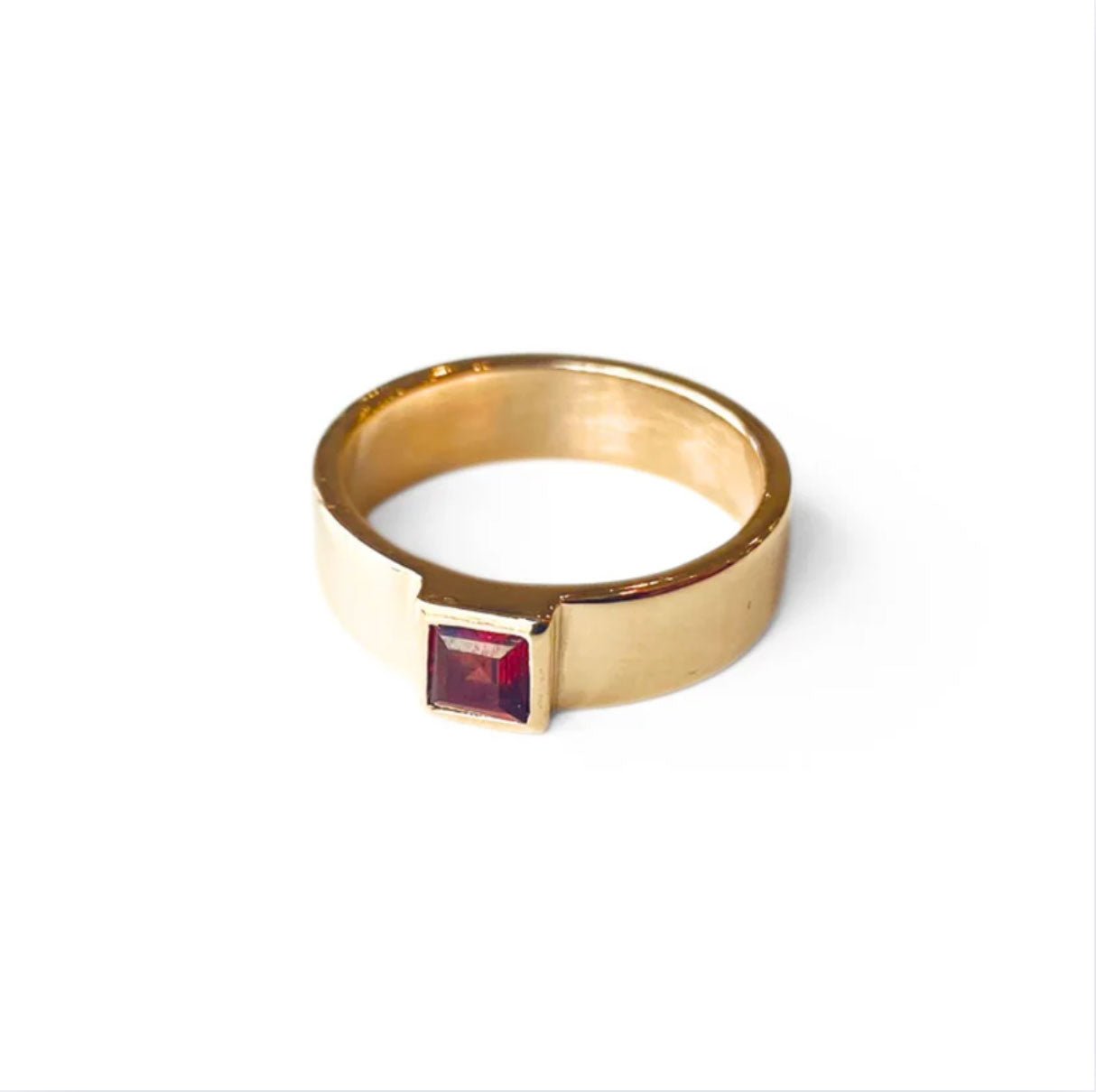Quadra gold ring with a red square garnet gemstone - Nina Alexander Jewellery